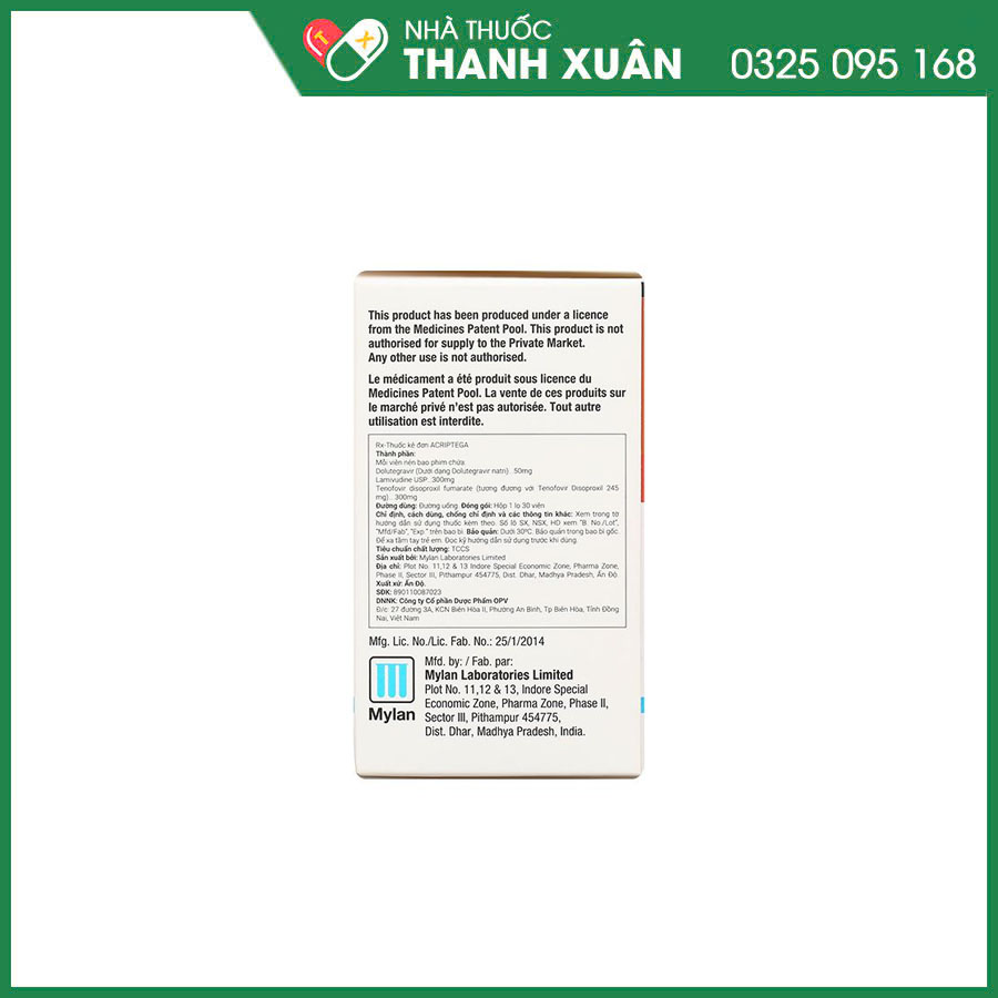 Acriptega 50/300/300mg thuốc điều trị nhiễm virus gây suy giảm miễn dịch ở người HIV-1